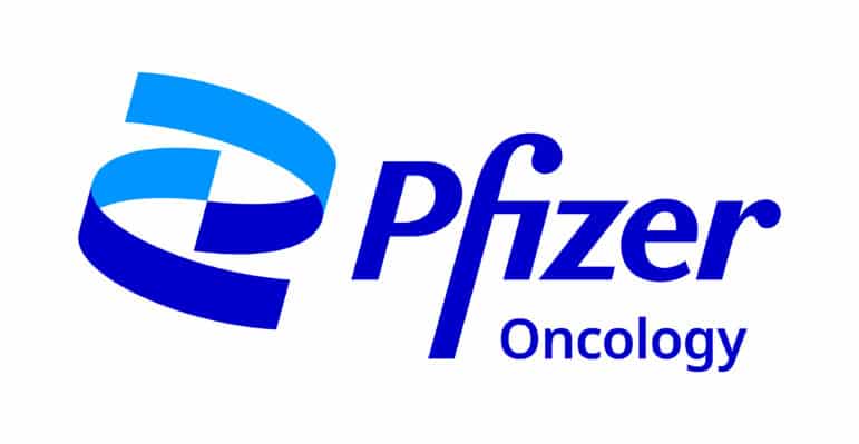 The image shows the Pfizer Oncology logo with stylized blue ribbon-like shapes to the left and the words Pfizer Oncology in blue uppercase and title case letters on a white background.