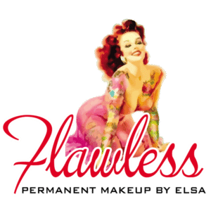 Illustration of a woman with red hair, colorful tattoos, and makeup, wearing a pink dress. The word Flawless is written in large red script, with PERMANENT MAKEUP BY ELSA in black text below—showcasing the best face forward 2.0 look.