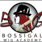 A logo for Bossigal Wig Academy featuring a stylized profile of a woman with long red hair and a black hat, a diploma scroll, and the text BOSSIGAL WIG ACADEMY in bold letters below—perfectly capturing the spirit of putting your best face forward 2.0 as you master the art of wigs and professional styling.
