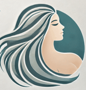 Stylized illustration of a woman in profile with long, flowing hair containing streaks of white, gray, and dark blue, set against a teal circular background—an inspiring nod to best face forward 2.0.