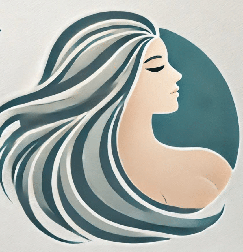 May contain a person with long flowing hair in profile view.