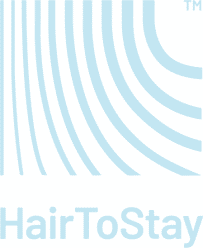 Light blue lines curve parallel above the light blue text HairToStay on a white background, embodying the refreshing spirit of best face forward 2.0. The trademark symbol appears in the upper right corner.
