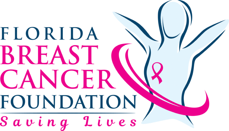 Logo for the Florida Breast Cancer Foundation featuring a stylized outlined figure with raised arms, a pink ribbon on the chest, and the words Florida Breast Cancer Foundation Saving Lives in blue and pink text.