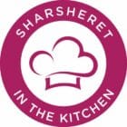 A pink circular logo with a white outline of a chef’s hat in the center and the words “SHARSHERET IN THE KITCHEN” written around the edge in white capital letters.