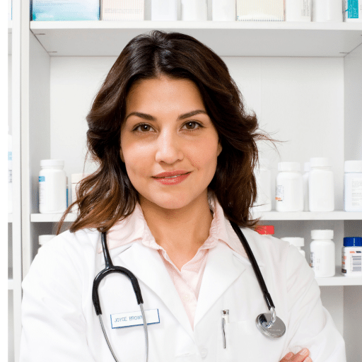 A woman wearing a white lab coat and stethoscope stands in front of shelves with medical supplies. She has medium-length brown hair and is looking at the camera with a slight smile.
