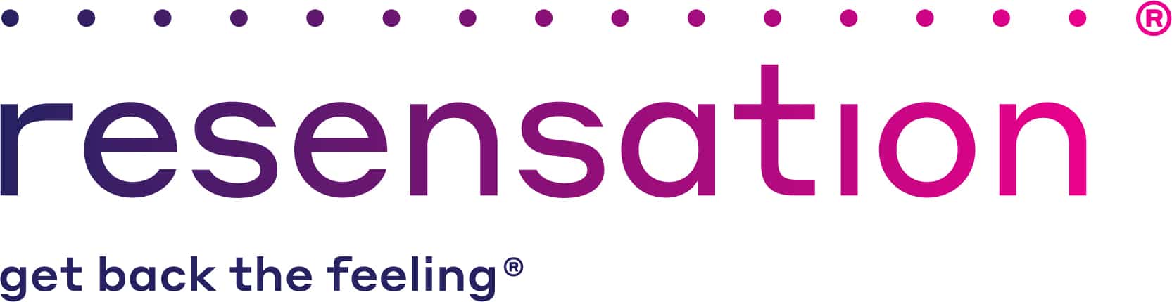 The image shows the word resensation in a gradient of purple to pink, with get back the feeling in smaller blue text below. A line of pink dots runs along the top, with a registered trademark symbol.