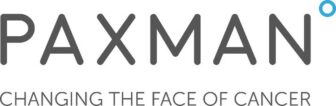 The image shows the Paxman logo in gray uppercase letters with a small blue circle above the letter N. Below, the text reads Changing the face of cancer in gray capital letters.