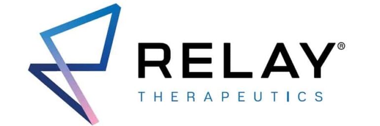 Relay Therapeutics logo with a blue and purple geometric line design on the left and the words RELAY THERAPEUTICS in black and blue text on the right.