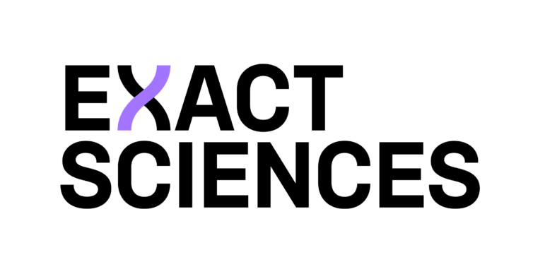 The image shows the words EXACT SCIENCES in bold black capital letters. The letter X in EXACT is stylized with a purple curved line forming the left stroke. The background is light gray.