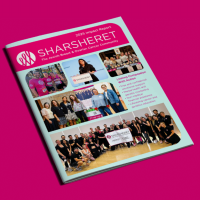 A magazine-style report with the title “2023 Impact Report” for Sharsheret, featuring group photos of people at events and text highlighting the organization’s cancer support initiatives. The cover uses pink and teal colors.