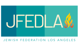 May contain a logo with the text "JFEDLA" and "JEWISH FEDERATION LOS ANGELES" in a teal and cream color scheme. A stylized orange flame is also present.