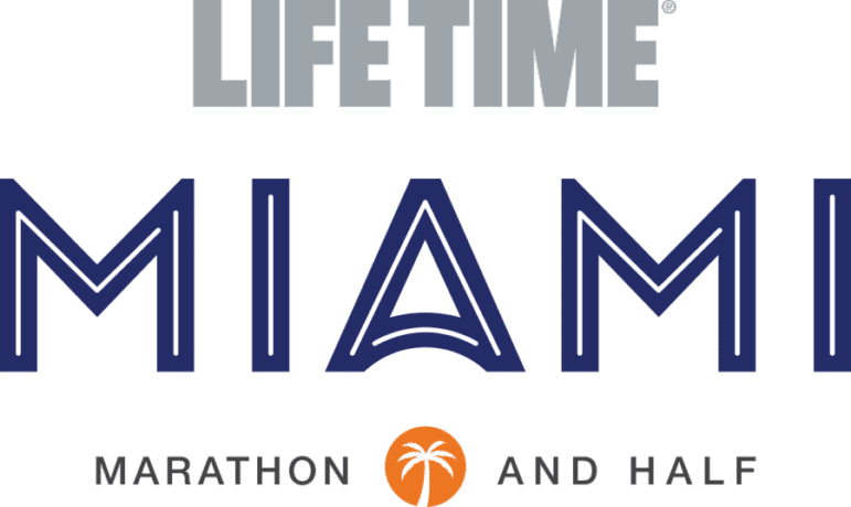 Logo for the Life Time Miami Marathon and Half, featuring the word MIAMI in large blue letters, a small orange circle with a white palm tree, and the words MARATHON AND HALF below.