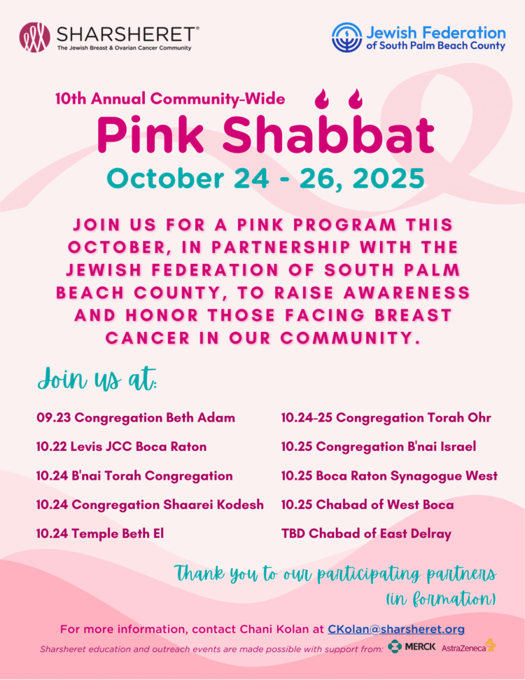 Community-Wide Pink Shabbat 2025 Marketing – All Events – Chani Kolan May contain a list of locations and dates for a Pink Shabbat event.