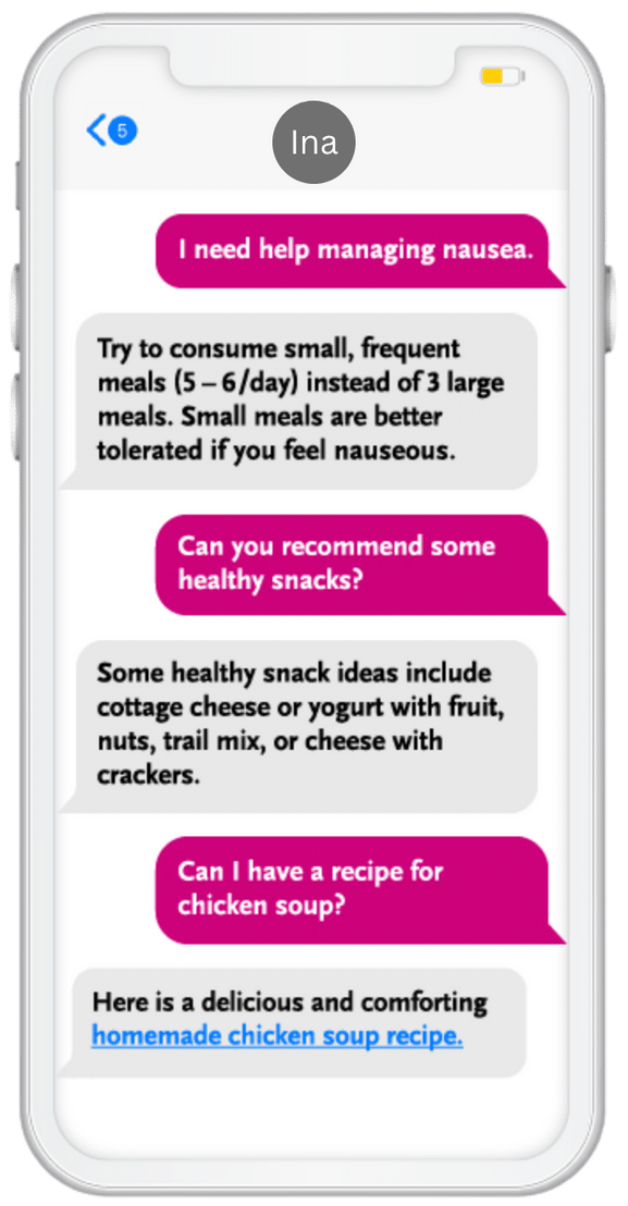 May contain text messages about managing nausea, healthy snacks, and a chicken soup recipe.