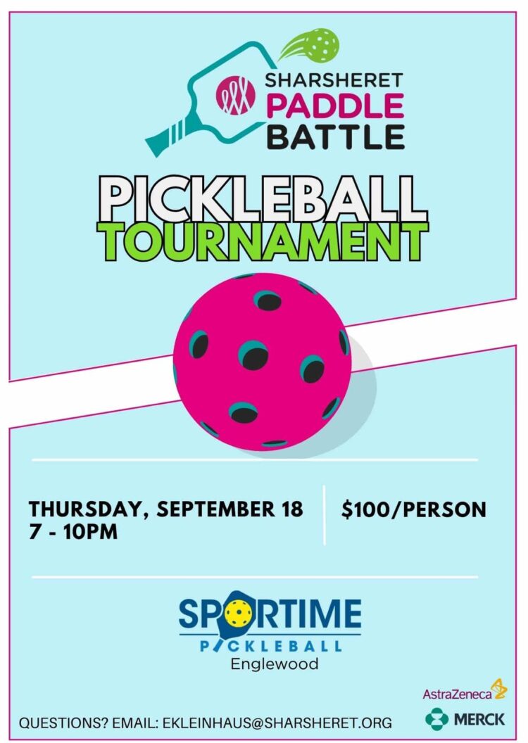 May contain pickleball tournament poster with pink ball, paddle, and text.