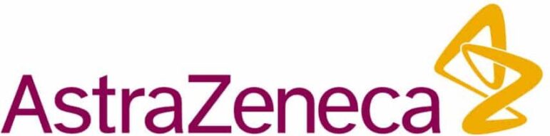 AstraZeneca logo featuring the company name in purple text and an abstract yellow triangular symbol on the right.