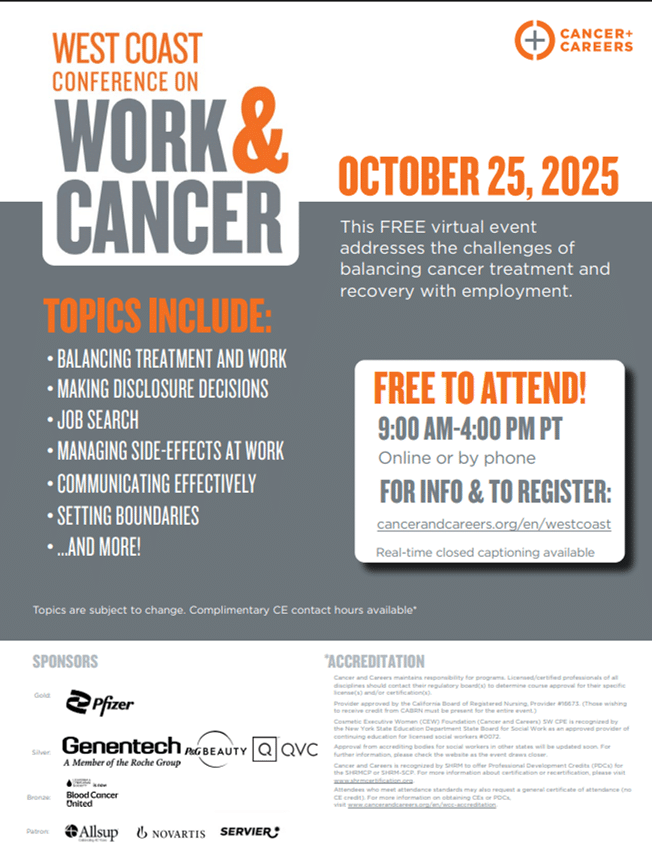 May contain a person-centered flyer for a conference on work and cancer.