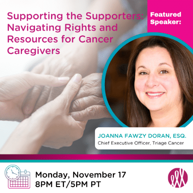 A promotional graphic for a cancer caregivers event features a close-up of two hands clasped together, a photo of speaker Joanna Fawzy Doran, event date and time, and her title as Chief Executive Officer of Triage Cancer.