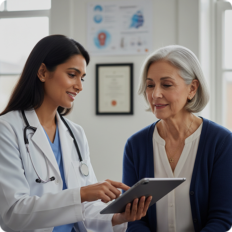 A doctor in a white coat shows information on a tablet to an older woman with gray hair. They are seated in a medical office with certificates and posters on the wall in the background.