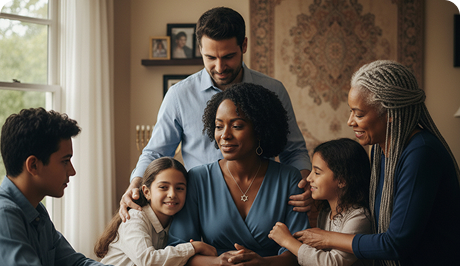 A family of six, including two adults, two children, and two elders, gathers closely in a warmly lit living room. They appear engaged in a caring and supportive moment together.