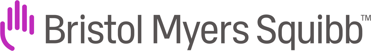 The Bristol Myers Squibb logo features a stylized purple handprint icon followed by the company name in gray sans-serif font on a white background.
