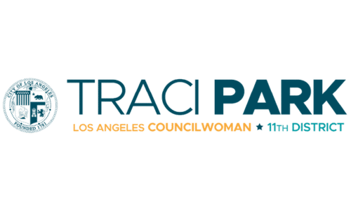 Logo featuring the seal of the City of Los Angeles and the text Traci Park Los Angeles Councilwoman 11th District in various shades of blue and orange.