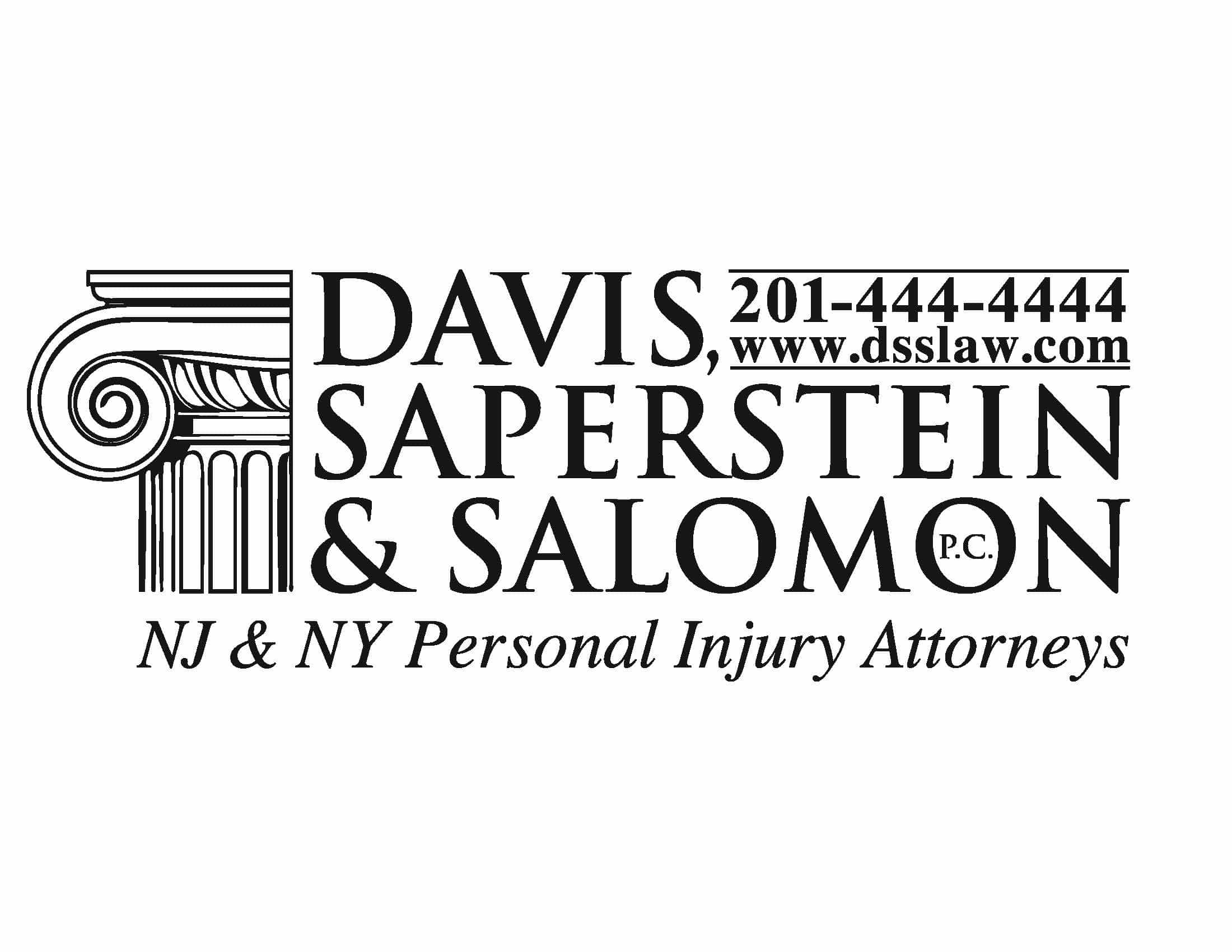 Black and white logo for Davis, Saperstein & Salomon, P.C., NJ & NY personal injury attorneys, featuring a column illustration, phone number 201-444-4444, and website www.dsslaw.com.