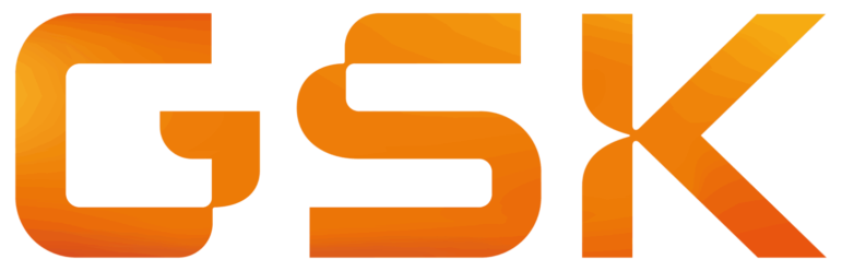 The image shows the stylized letters GSK in a gradient orange color with a modern, geometric font on a transparent background.