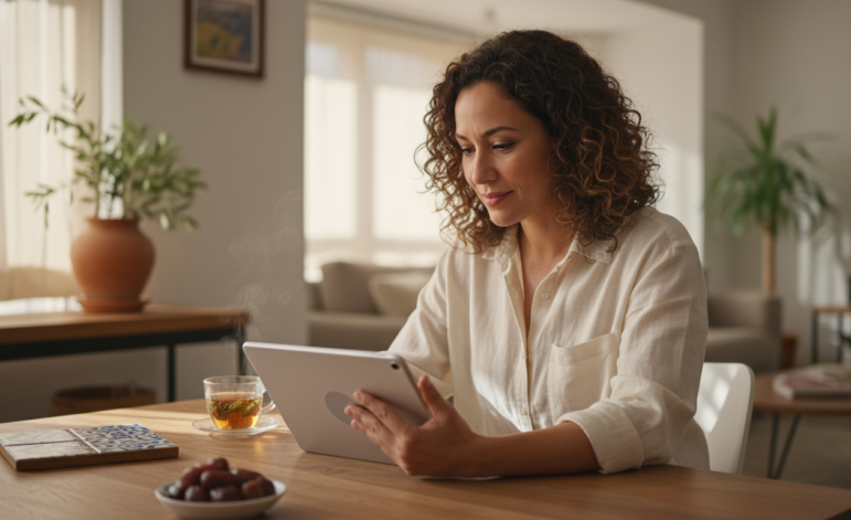 A woman with curly hair sits at a table in a bright, modern living room, looking at a tablet. There is a cup of tea, a bowl of grapes, and a notebook on the table in front of her.
