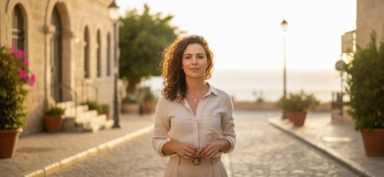 A woman with curly hair stands on a sunlit cobblestone street lined with potted plants and historic buildings, with the sea visible in the background.