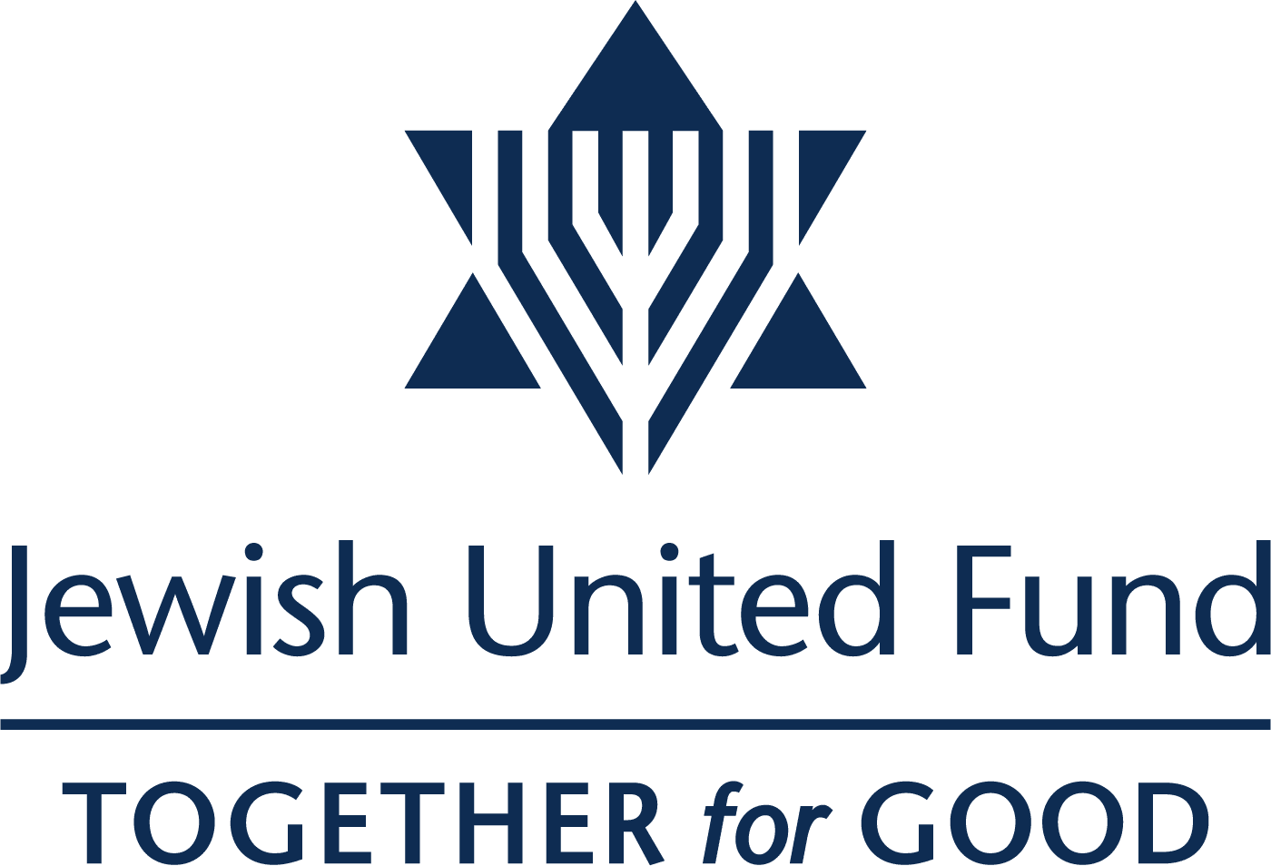 The logo of the Jewish United Fund features a blue Star of David with a stylized menorah in the center, and the text “Jewish United Fund” above the slogan “TOGETHER for GOOD.”.