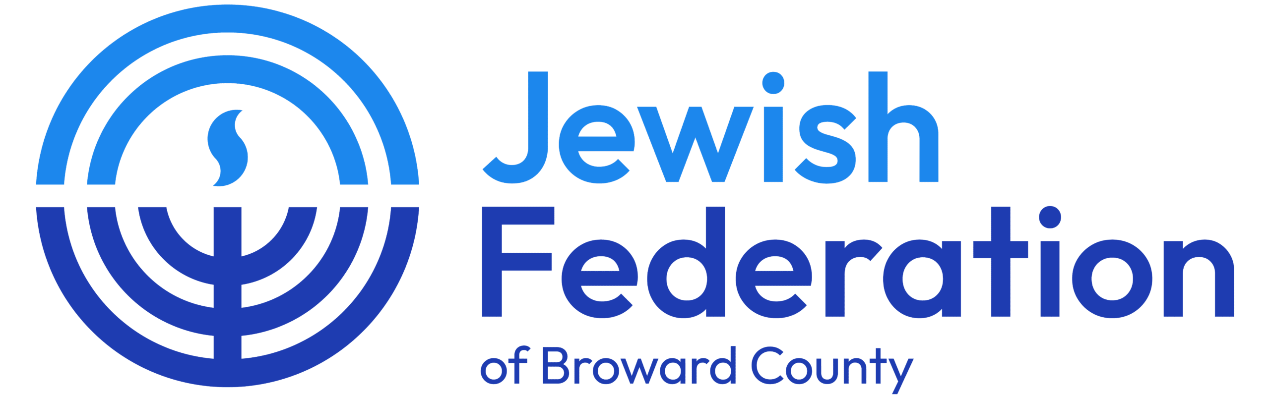Logo of the Jewish Federation of Broward County with a blue menorah symbol on the left and the organization name in blue text on the right.