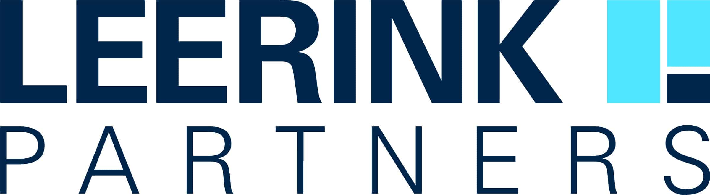 The image shows the Leerink Partners logo with LEERINK in large navy blue letters above PARTNERS in smaller, spaced-out letters, next to a square graphic with two blue rectangles.