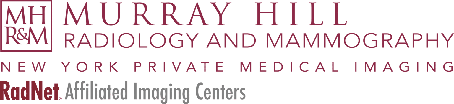 Logo for Murray Hill Radiology and Mammography, New York Private Medical Imaging, with RadNet Affiliated Imaging Centers text, all in red and gray on a white background.