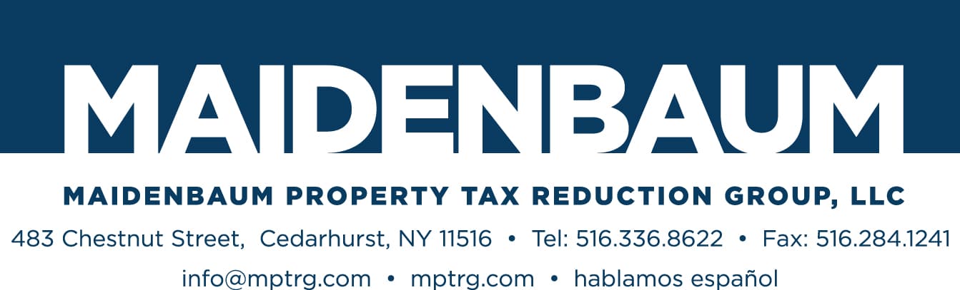 A banner for Maidenbaum Property Tax Reduction Group, LLC, showing the company name, address, phone and fax numbers, email, website, and a note indicating Spanish is spoken.