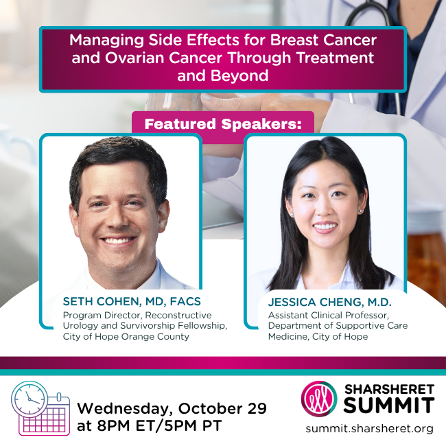 A promotional graphic for a Sharsheret Summit event features headshots of speakers Seth Cohen, MD, FACS, and Jessica Cheng, M.D., with event details for Wednesday, October 29 at 8PM ET/5PM PT.