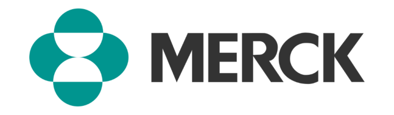 Merck logo featuring four teal and white circular shapes forming a cross-like design on the left, with the word MERCK in bold, black capital letters to the right.