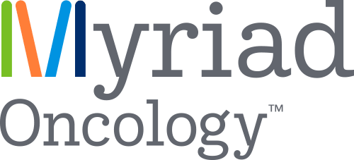 Myriad Oncology logo with “Myriad” in large gray text, the “M” formed by colored vertical bars in orange, green, blue, and navy; “Oncology” appears below in smaller gray text.