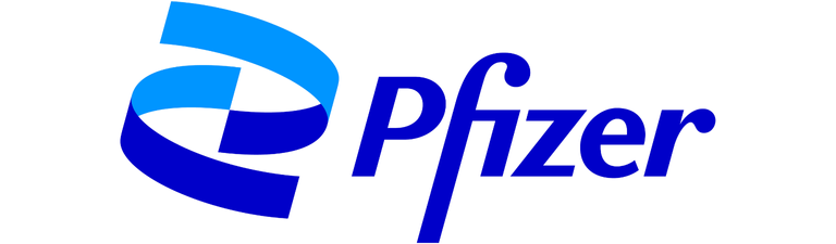 The image shows the Pfizer logo, featuring a blue stylized spiral icon to the left of the word Pfizer written in blue with a distinctive lowercase f and z on a white background.