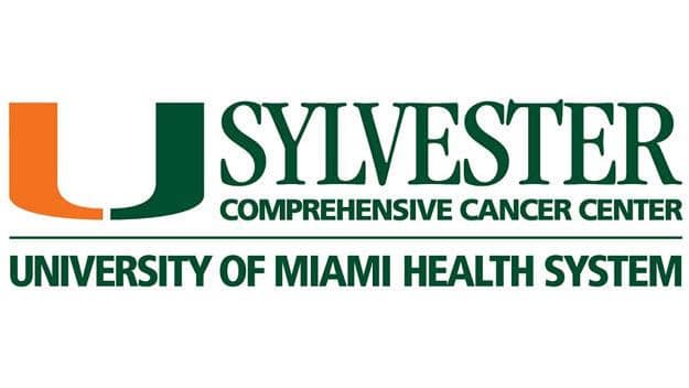 Logo of Sylvester Comprehensive Cancer Center, featuring a large green and orange U symbol, with text reading Sylvester Comprehensive Cancer Center, University of Miami Health System.