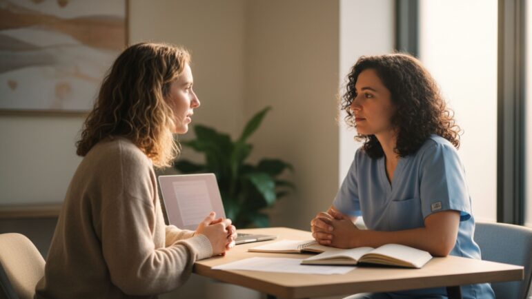 Two women sit across from each other at a table, engaged in conversation. One wears a beige sweater and holds a tablet, while the other in blue scrubs takes notes during their cancer support discussion.
