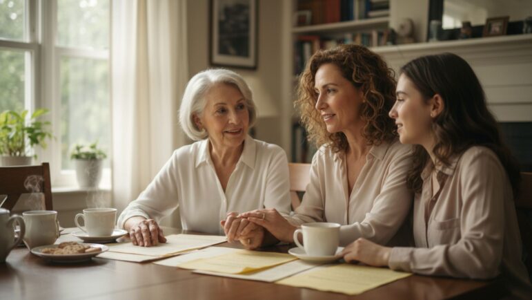 Three women of different ages sit together at a table with papers, coffee cups, and snacks, engaged in conversation in a bright, homey setting with bookshelves and a window in the background.