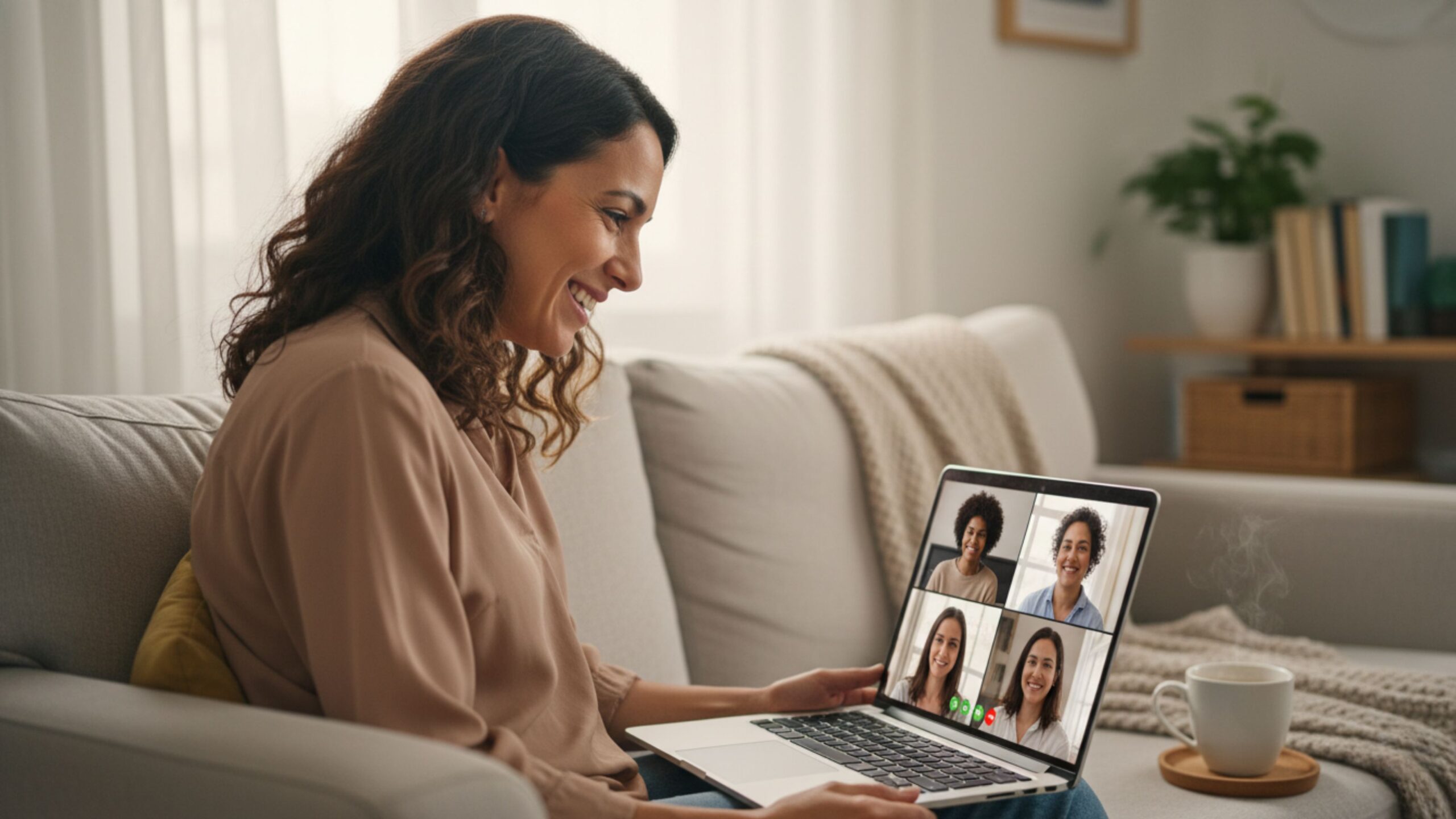 A woman sits on a beige sofa using a laptop for a video call with four people. A coffee cup is on the table beside her, and the room is bright with natural light.