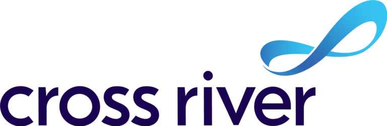 The image shows the words cross river in lowercase dark blue letters, with a blue gradient infinity loop symbol to the upper right of the text. The background is white.