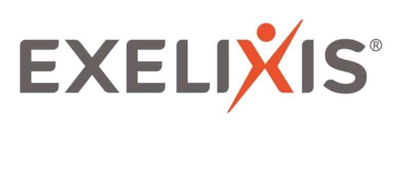 The image shows the Exelixis logo. The word EXELIXIS is in uppercase gray letters, with the X in orange stylized to resemble a person with outstretched arms.