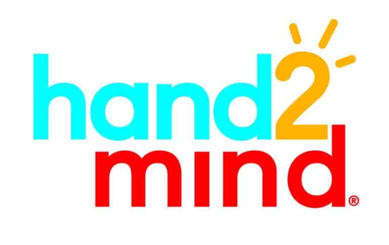 Logo with the words hand2mind, where hand is in light blue, 2 is in yellow with sun rays, and mind is in red. The text is on a white background.
