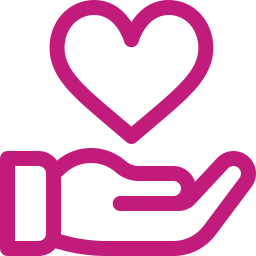A simple pink line drawing of a hand facing upward with a heart shape hovering above the palm, symbolizing care, support, or giving.