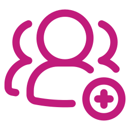 Three magenta user icons overlap, with one in front and two behind. A magenta circle with a plus sign is at the lower right, indicating the concept of adding new users or members. The background is light gray.