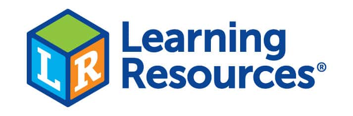 The logo displays a blue, green, and orange cube with white letters L and R next to the words Learning Resources in blue text.