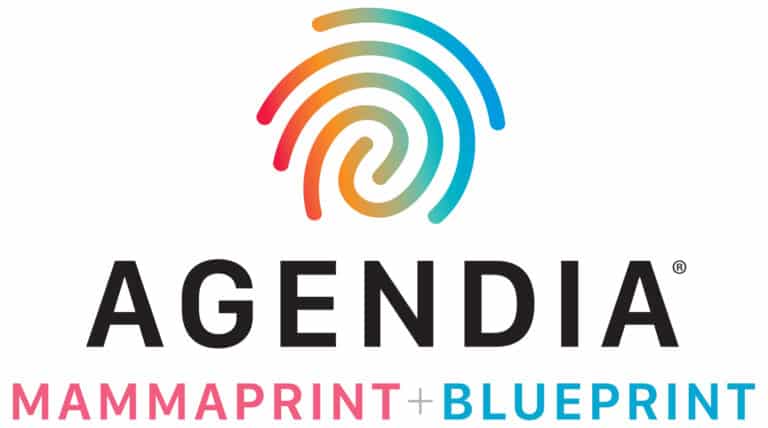 The image shows the Agendia logo with a multicolored fingerprint above the word AGENDIA in bold black letters. Below, MammaPrint is in pink and BluePrint is in blue, separated by a plus sign.